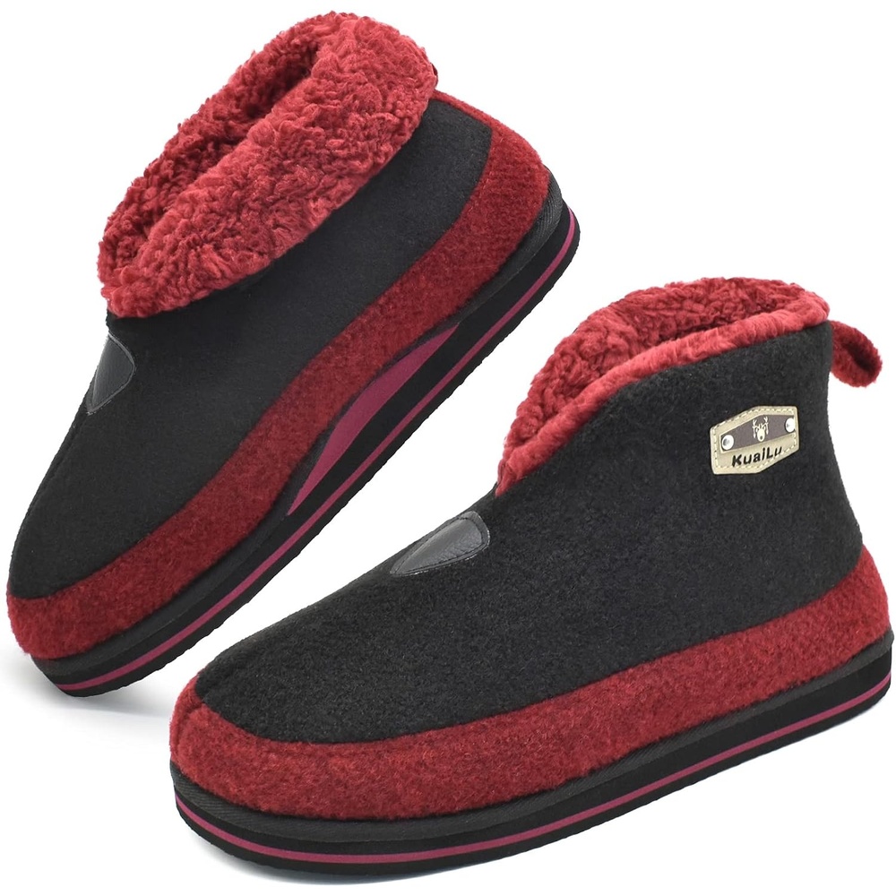 image:imageKuaiLu Mens Slippers Booties With Plush Lining Winter Warm House ShoesBlackred