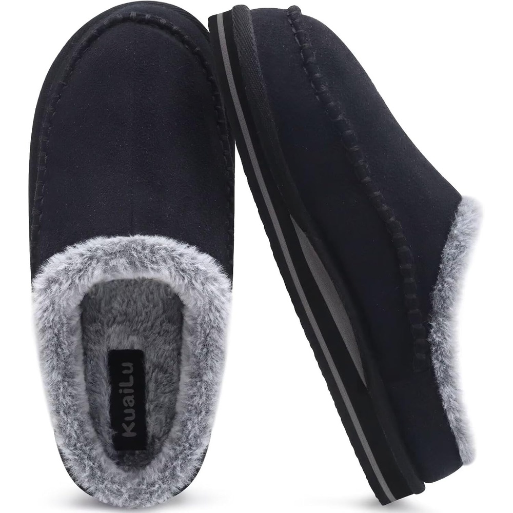 image:imageKuaiLu Mens Slippers Orthopedic Arch Support Suede Fluff Plush Home ShoesBlack