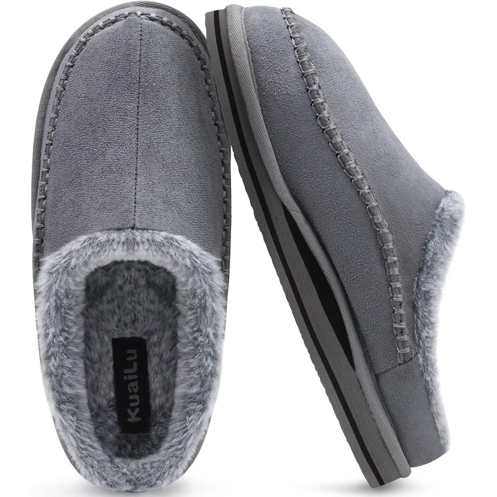image:imageKuaiLu Mens Slippers Orthopedic Arch Support Suede Fluff Plush Home ShoesGrey