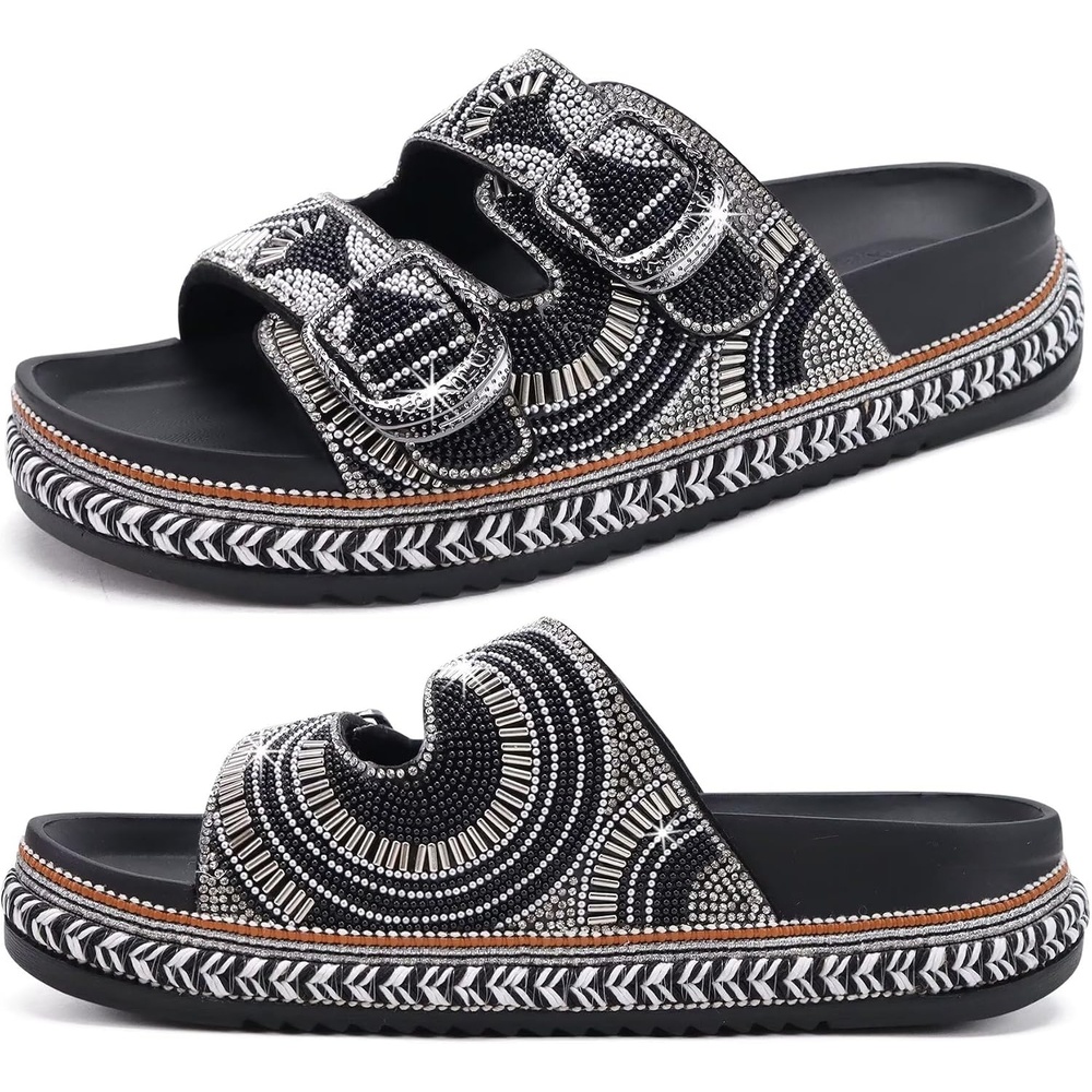 image:imageKuaiLu Womens Bling Sandals with Arch Support Orthopedic Rhinestones SlidesAll Black
