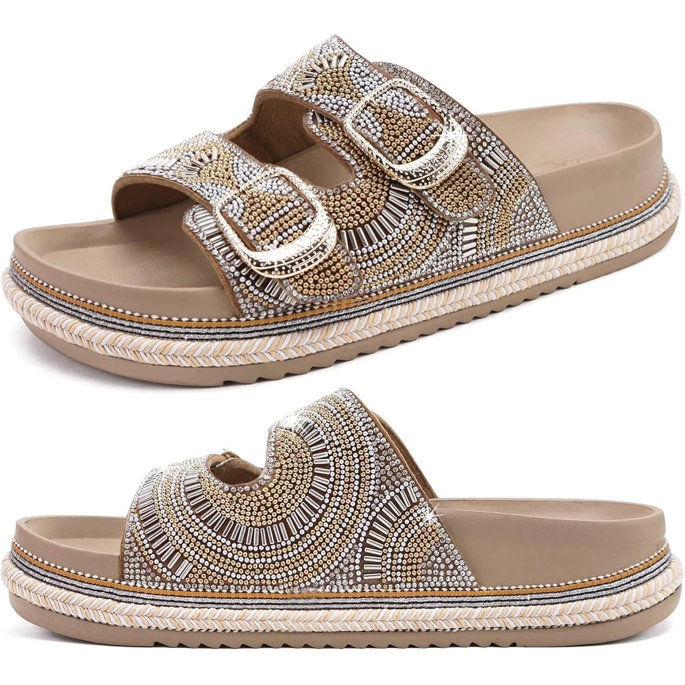 image:imageKuaiLu Womens Bling Sandals with Arch Support Orthopedic Rhinestones SlidesBeige