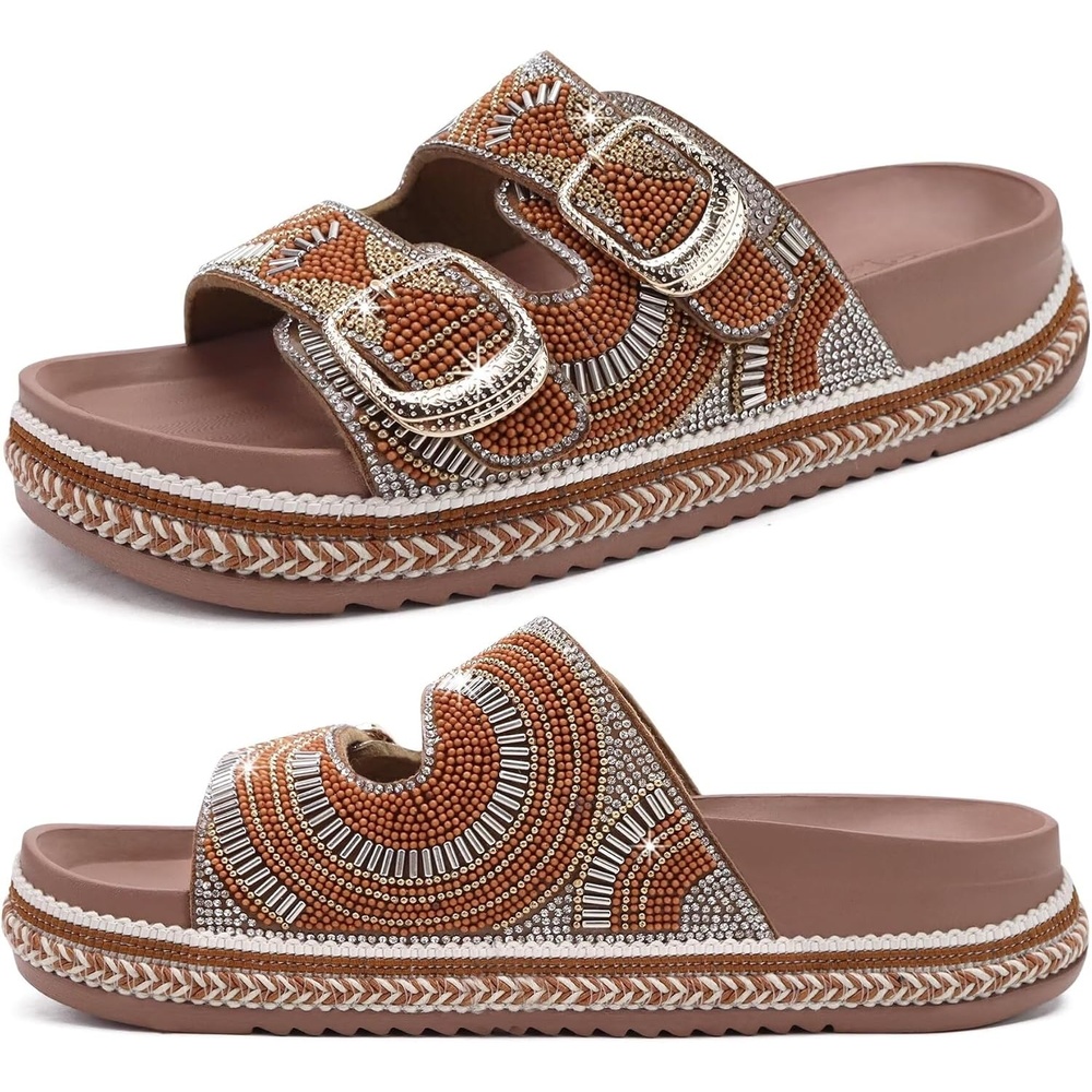 image:imageKuaiLu Womens Bling Sandals with Arch Support Orthopedic Rhinestones SlidesBrown