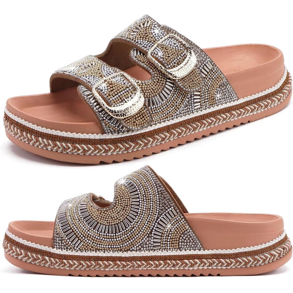 image:imageKuaiLu Womens Bling Sandals with Arch Support Orthopedic Rhinestones SlidesKhaki