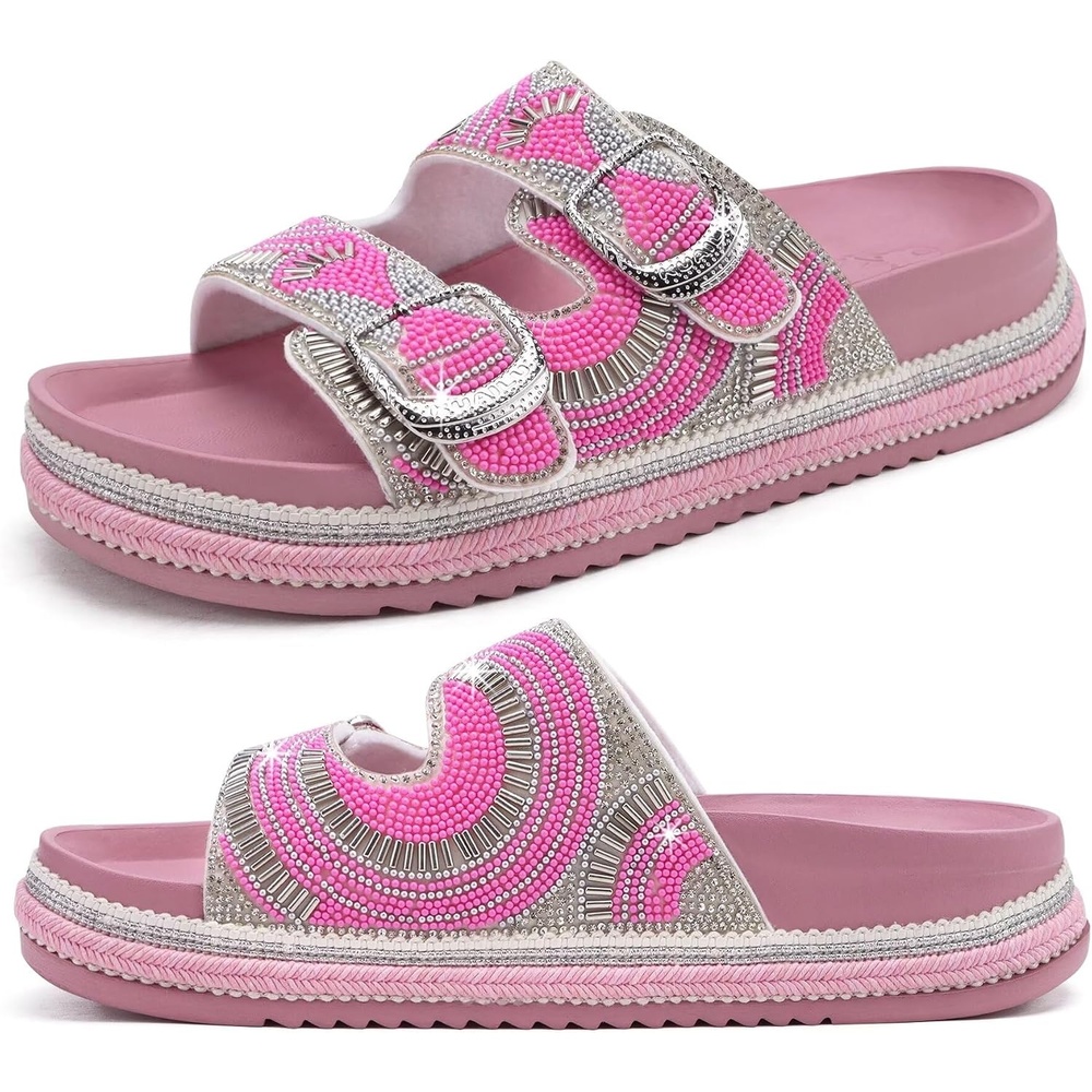 image:imageKuaiLu Womens Bling Sandals with Arch Support Orthopedic Rhinestones SlidesPink