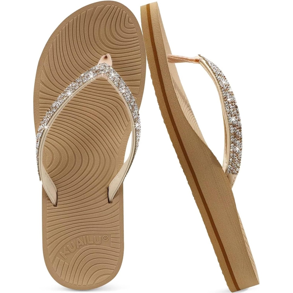 image:imageKuaiLu Womens Rhinestone Flip Flops Arch Support Yoga Mat Cushion SandalsBeige