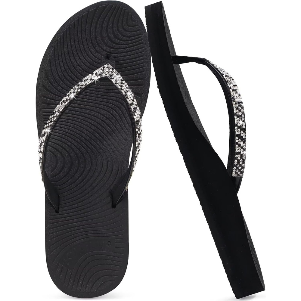 image:imageKuaiLu Womens Rhinestone Flip Flops Arch Support Yoga Mat Cushion SandalsBlack