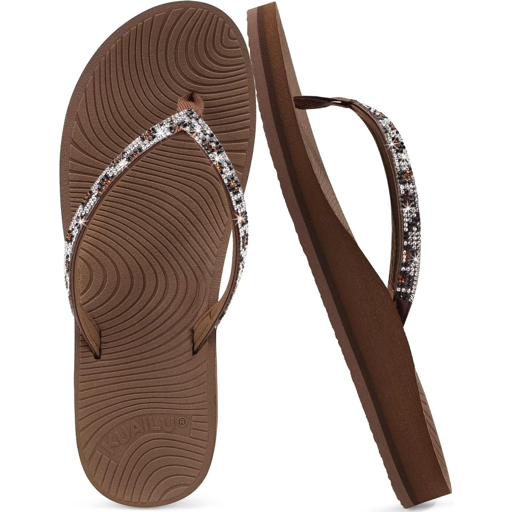 image:imageKuaiLu Womens Rhinestone Flip Flops Arch Support Yoga Mat Cushion SandalsBrown