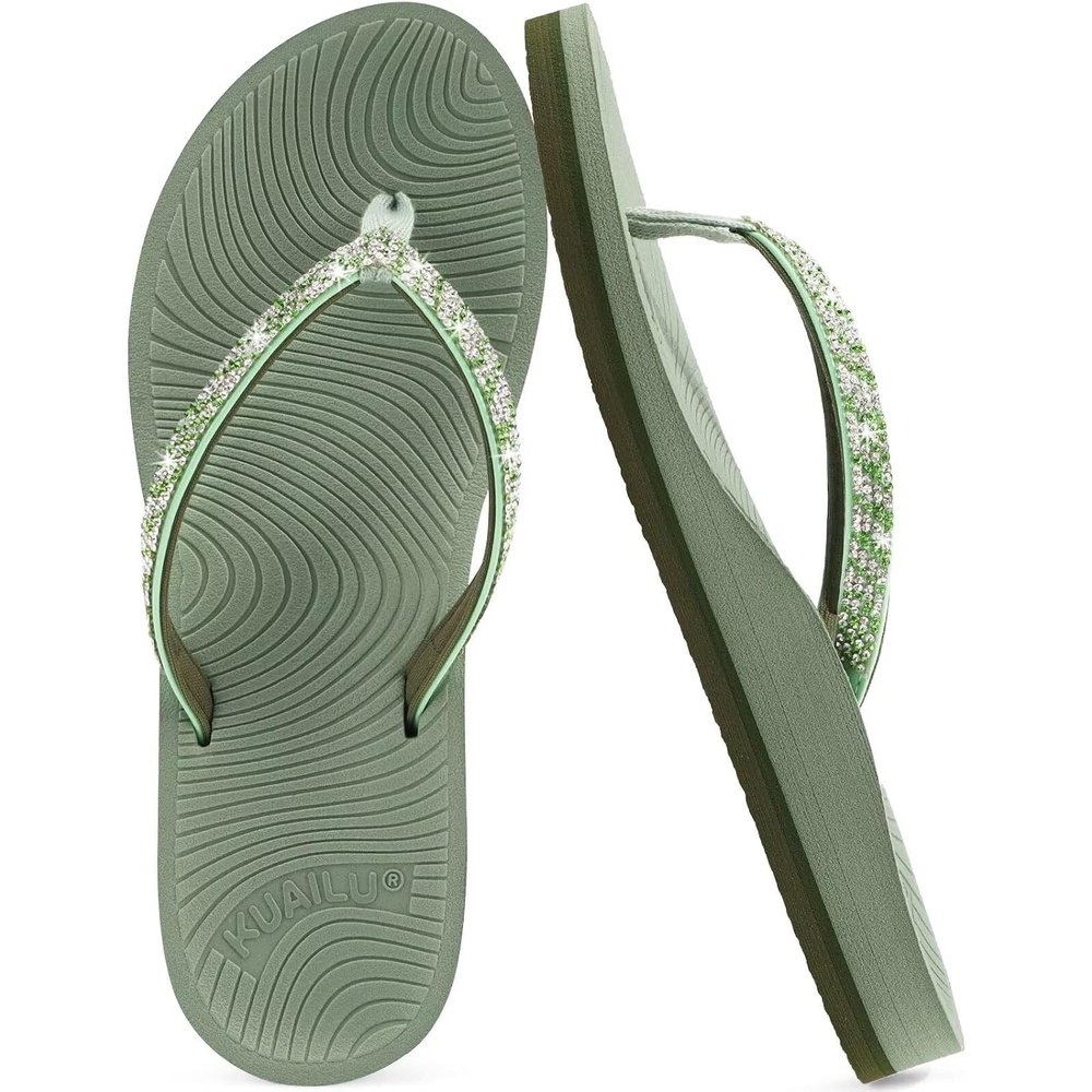 image:imageKuaiLu Womens Rhinestone Flip Flops Arch Support Yoga Mat Cushion SandalsGreen