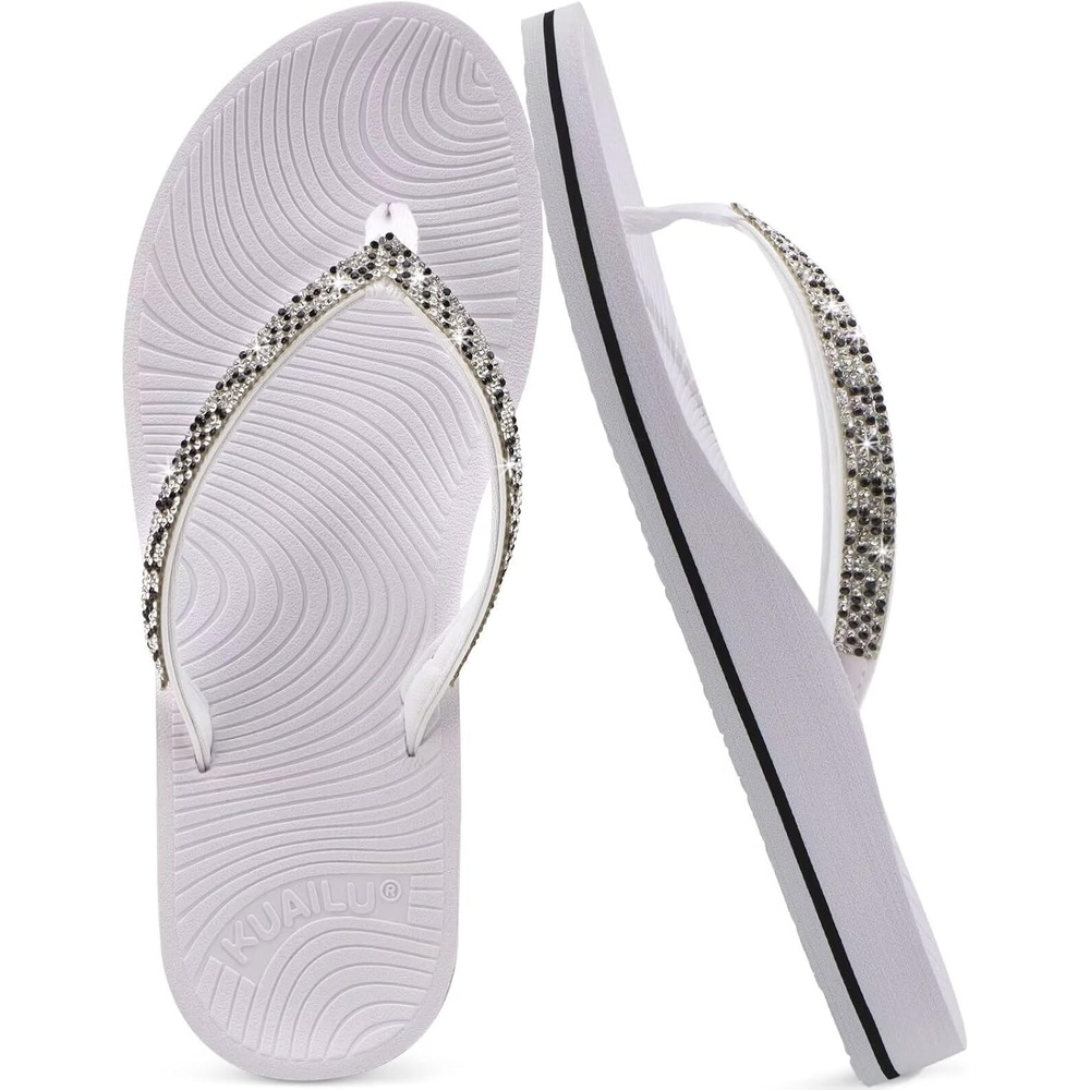image:imageKuaiLu Womens Rhinestone Flip Flops Arch Support Yoga Mat Cushion SandalsSilver White