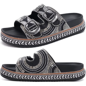 KuaiLu Womens Bling Sandals with Arch Support Orthopedic Rhinestones Slides(All Black)