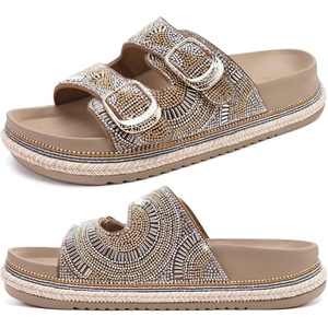 KuaiLu Womens Bling Sandals with Arch Support Orthopedic Rhinestones Slides(Beige)