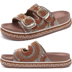 KuaiLu Womens Bling Sandals with Arch Support Orthopedic Rhinestones Slides(Brown)