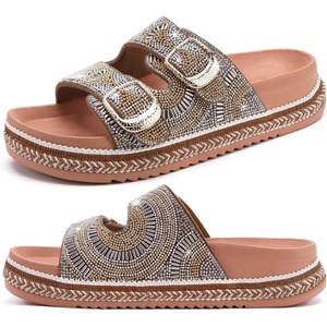 KuaiLu Womens Bling Sandals with Arch Support Orthopedic Rhinestones Slides(Khaki)