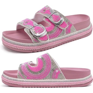 KuaiLu Womens Bling Sandals with Arch Support Orthopedic Rhinestones Slides(Pink)