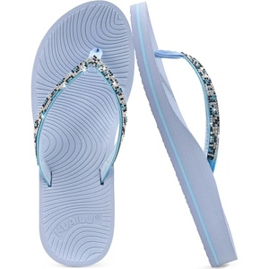 KuaiLu Women’s Rhinestone Flip Flops Arch Support Yoga Mat Cushion Sandals(Light Blue)