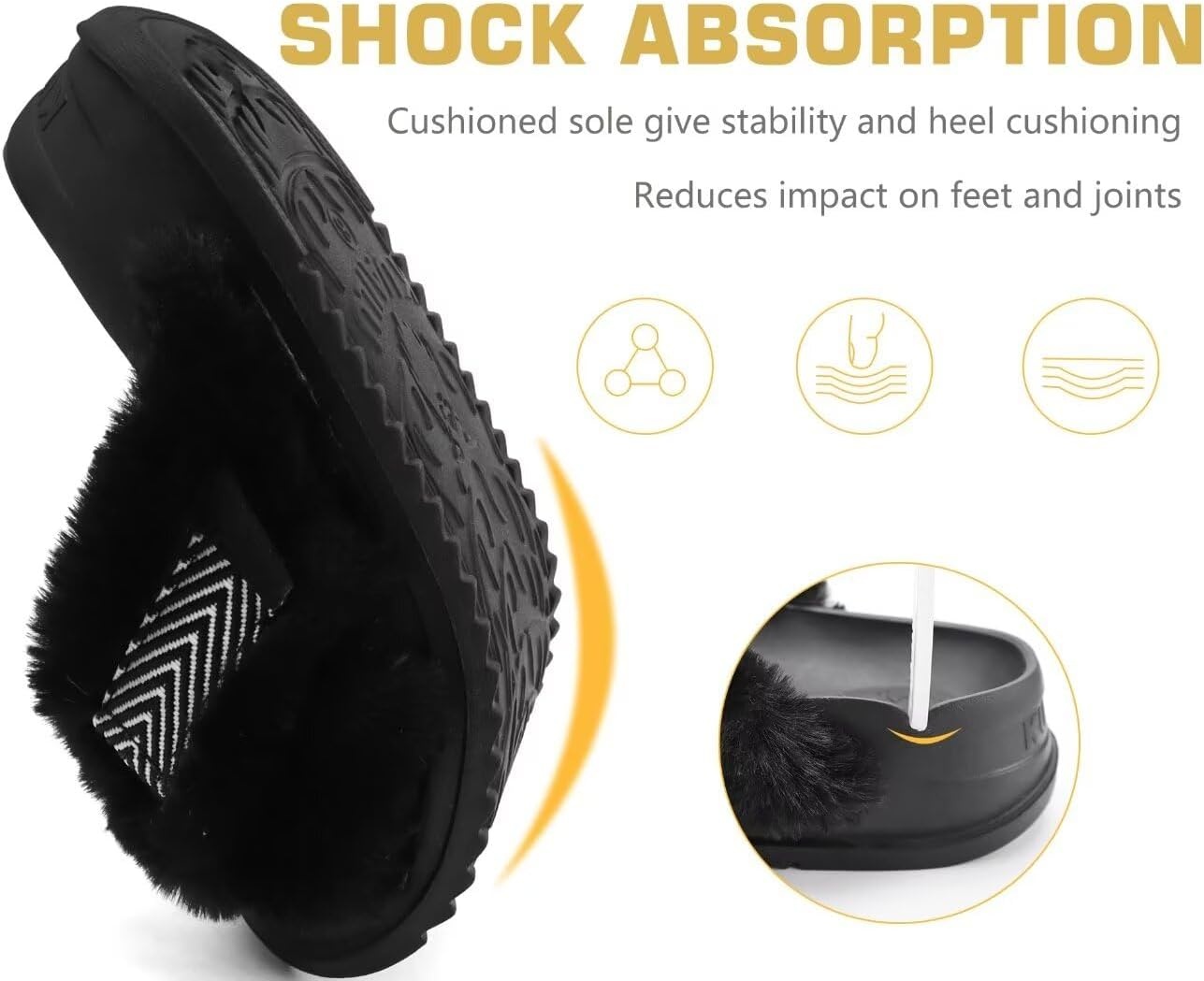 image:imageKuaiLu Womens Fuzzy Cross Band Arch Support Memory Foam Indoor SlippersBlack