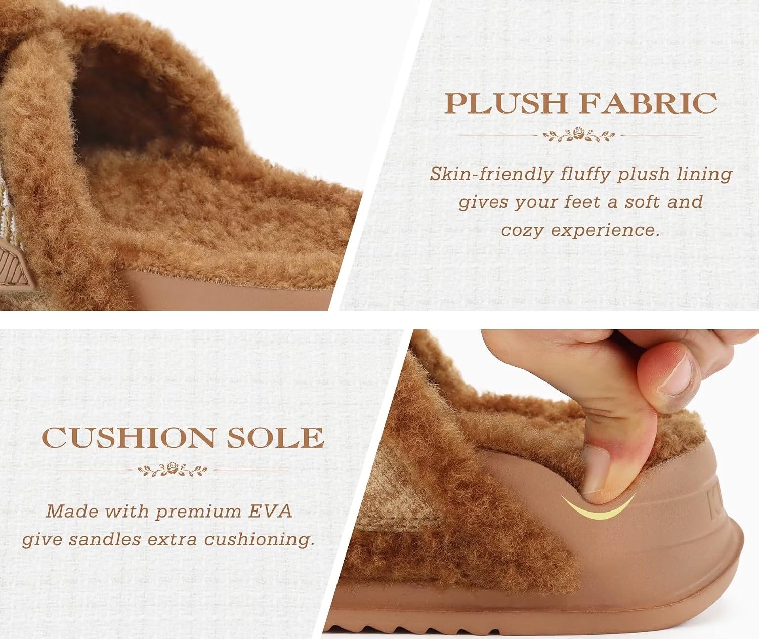 image:imageKuaiLu Womens Fuzzy Cross Band Arch Support Memory Foam Indoor SlippersKhaki