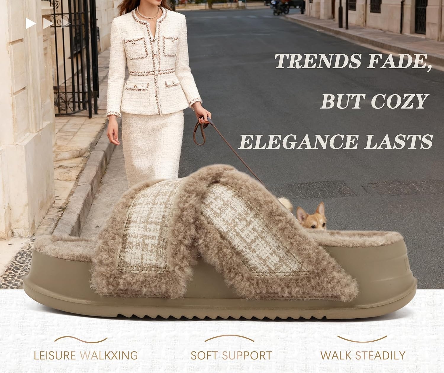 image:imageKuaiLu Womens Fuzzy Cross Band Arch Support Memory Foam Indoor SlippersLight Brown