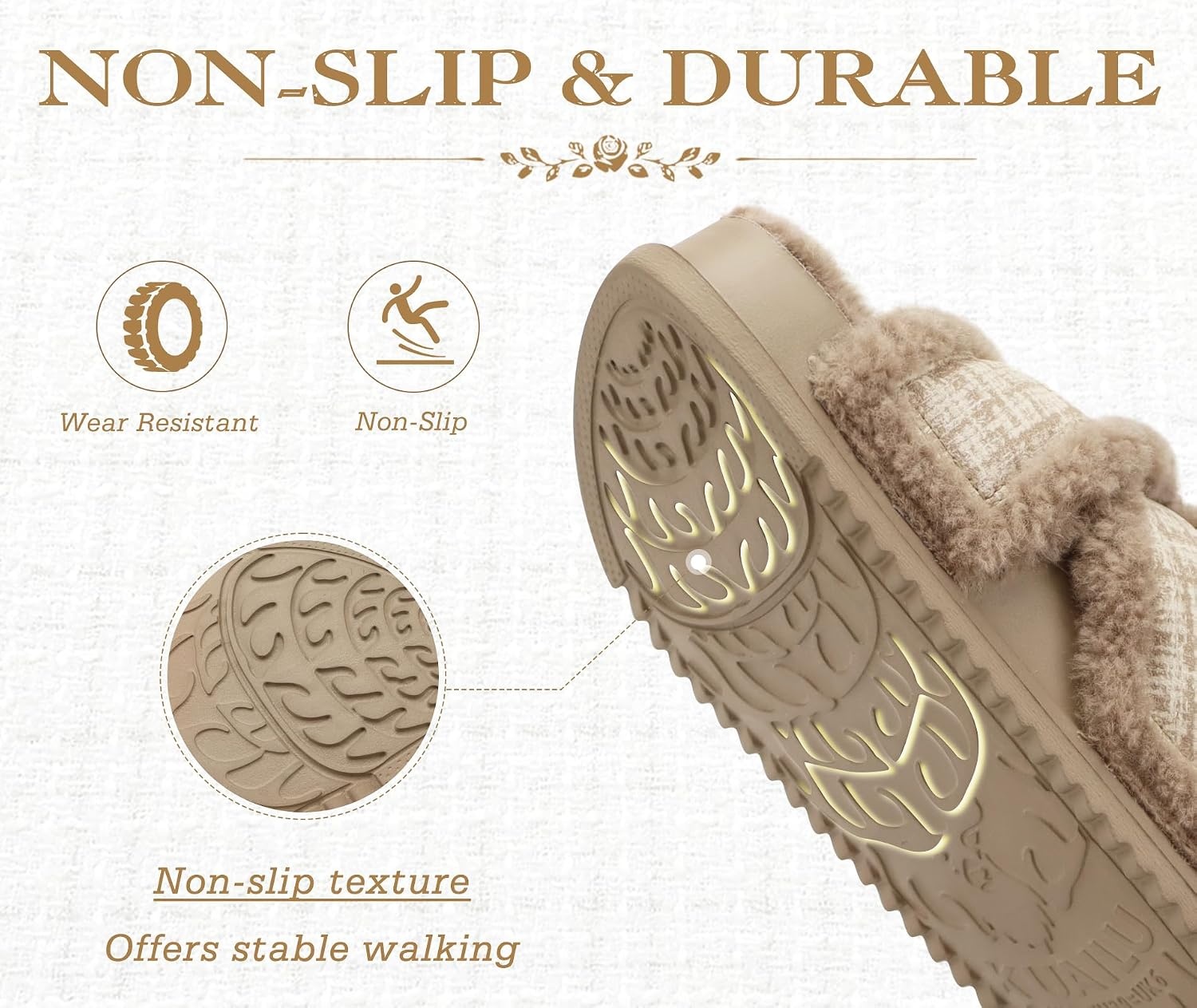 image:imageKuaiLu Womens Fuzzy Cross Band Arch Support Memory Foam Indoor SlippersLight Brown