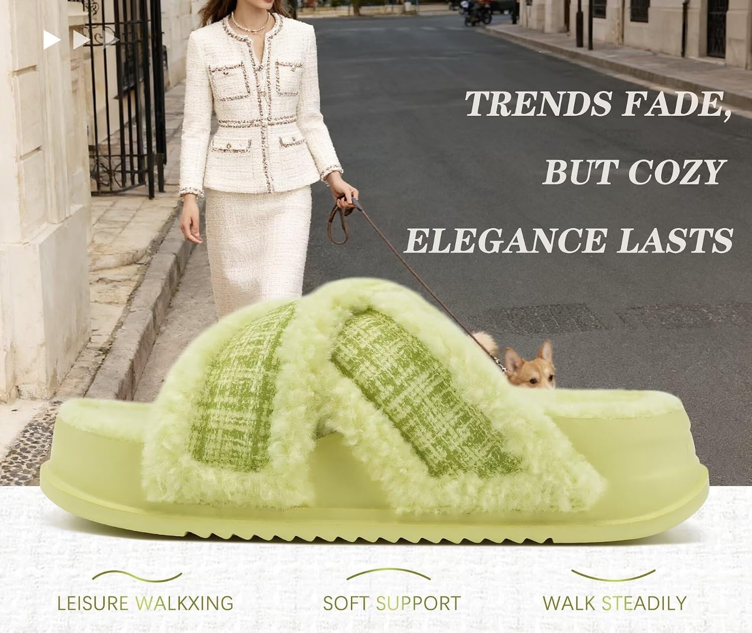 image:imageKuaiLu Womens Fuzzy Cross Band Arch Support Memory Foam Indoor SlippersNeon Green