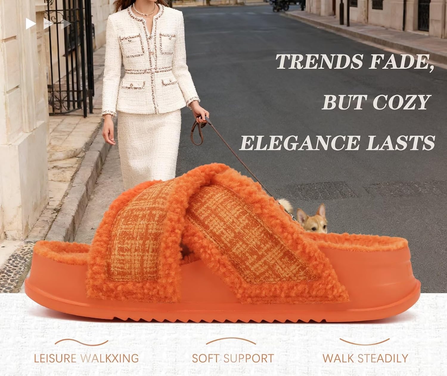 image:imageKuaiLu Womens Fuzzy Cross Band Arch Support Memory Foam Indoor SlippersVibrant Orange