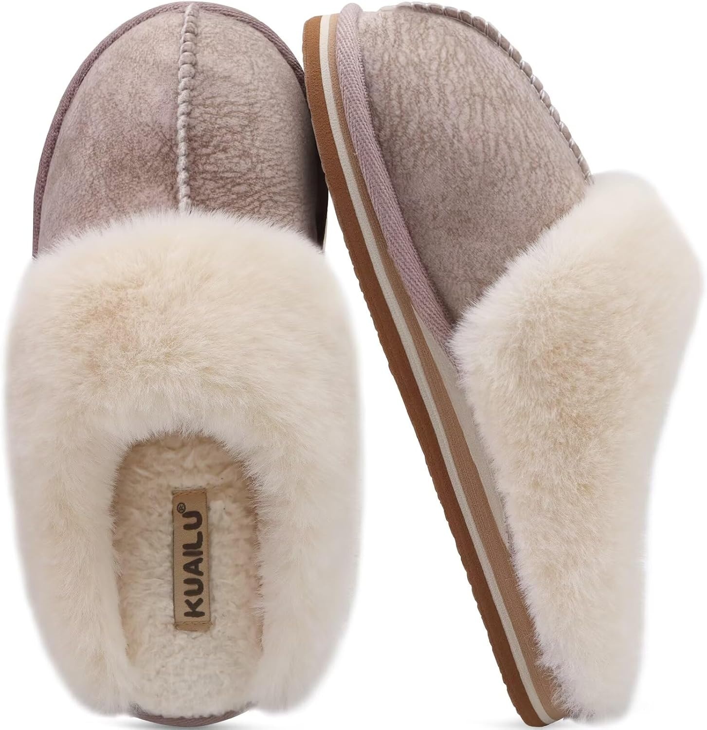 image:imageKuaiLu Womens Fuzzy Memory Foam Slippers Warm House Shoes Arch SupportBeige