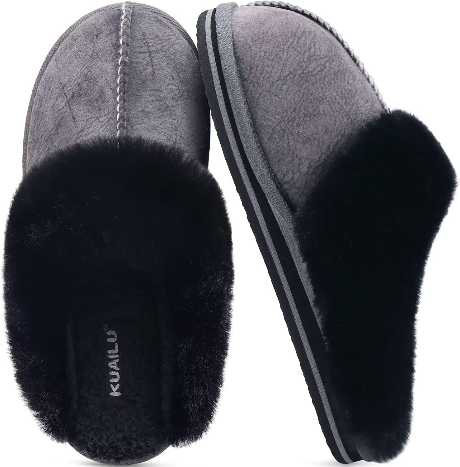 image:imageKuaiLu Womens Fuzzy Memory Foam Slippers Warm House Shoes Arch SupportBlack