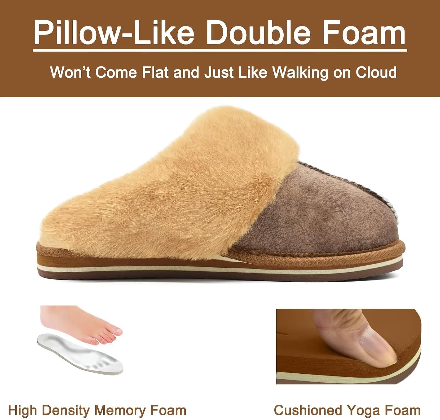 image:imageKuaiLu Womens Fuzzy Memory Foam Slippers Warm House Shoes Arch SupportBrown