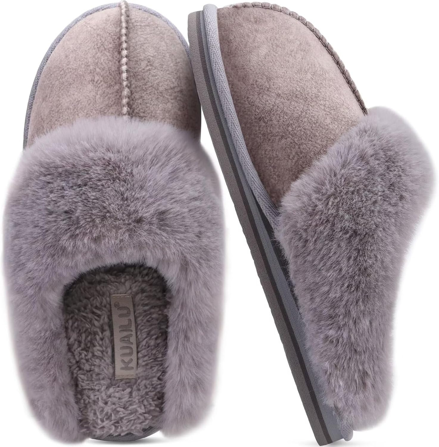 image:imageKuaiLu Womens Fuzzy Memory Foam Slippers Warm House Shoes Arch SupportGrey