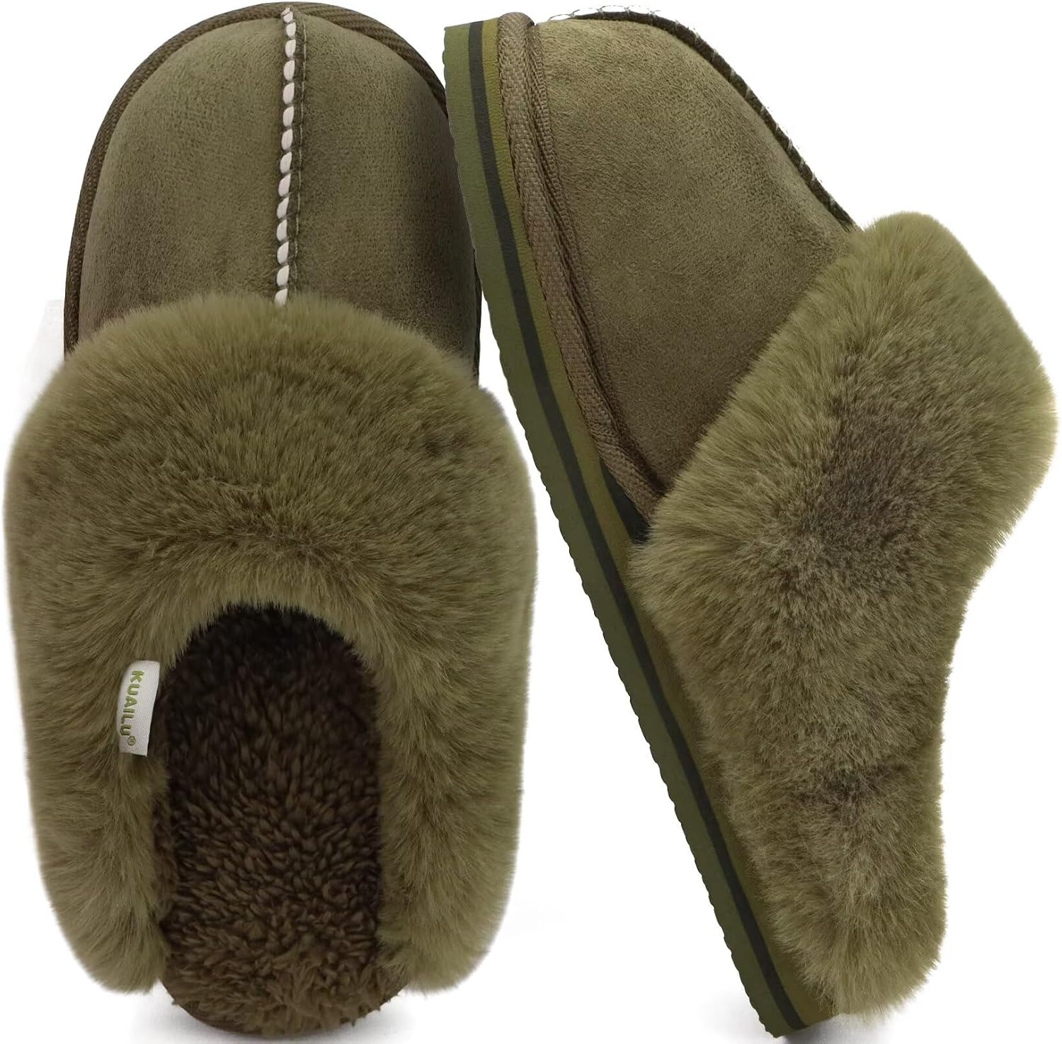 image:imageKuaiLu Womens Fuzzy Memory Foam Slippers Warm House Shoes Arch SupportOlive Green