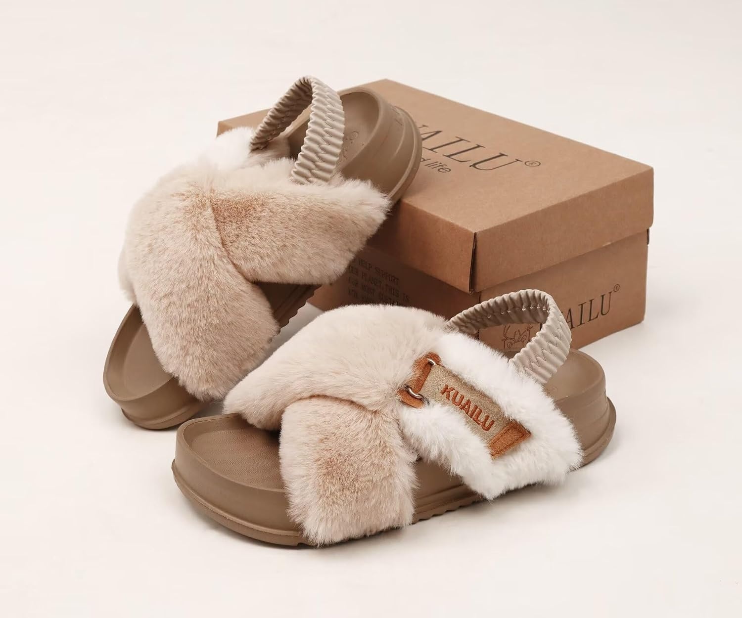 image:imageKuaiLu Womens Fuzzy Soft Platform Slippers with Arch Support Faux FurBeige