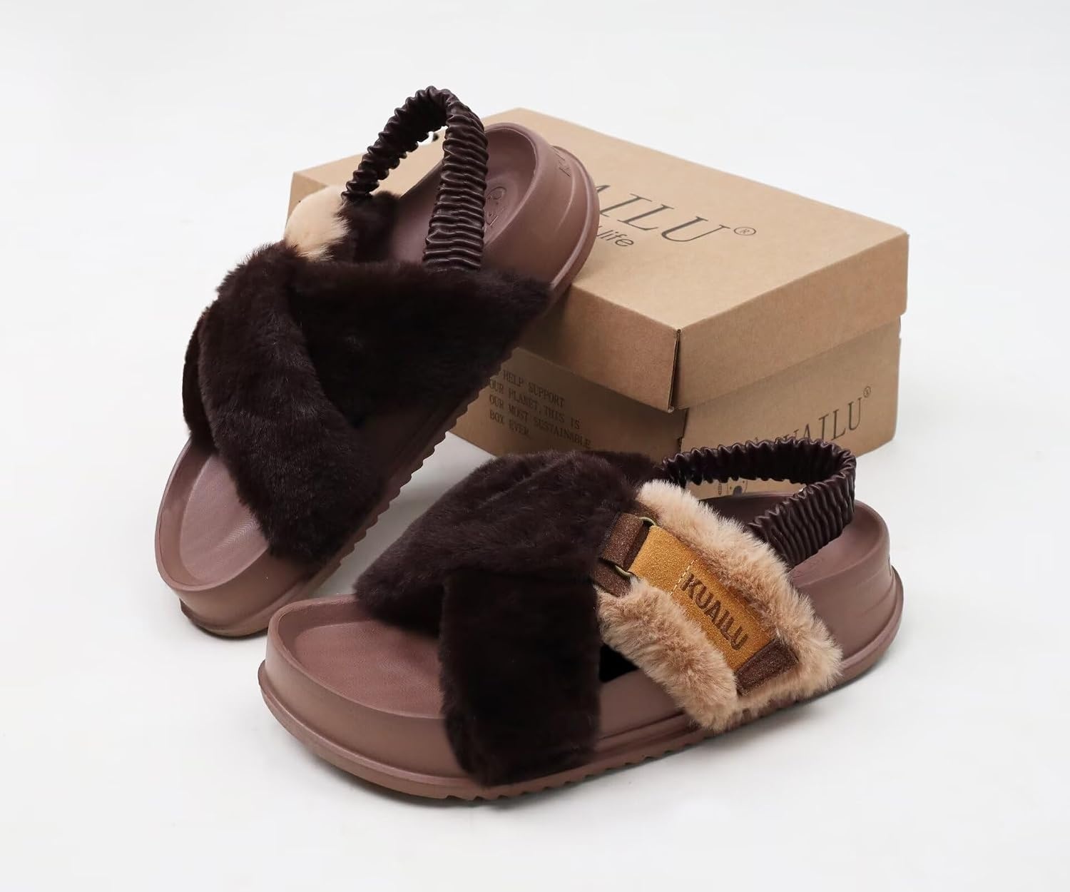 image:imageKuaiLu Womens Fuzzy Soft Platform Slippers with Arch Support Faux FurBrown