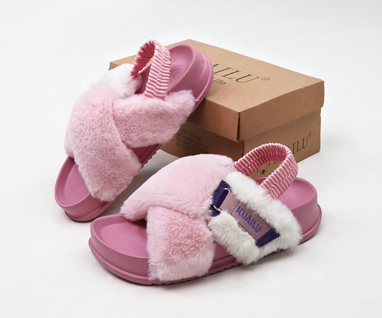 image:imageKuaiLu Womens Fuzzy Soft Platform Slippers with Arch Support Faux FurPink