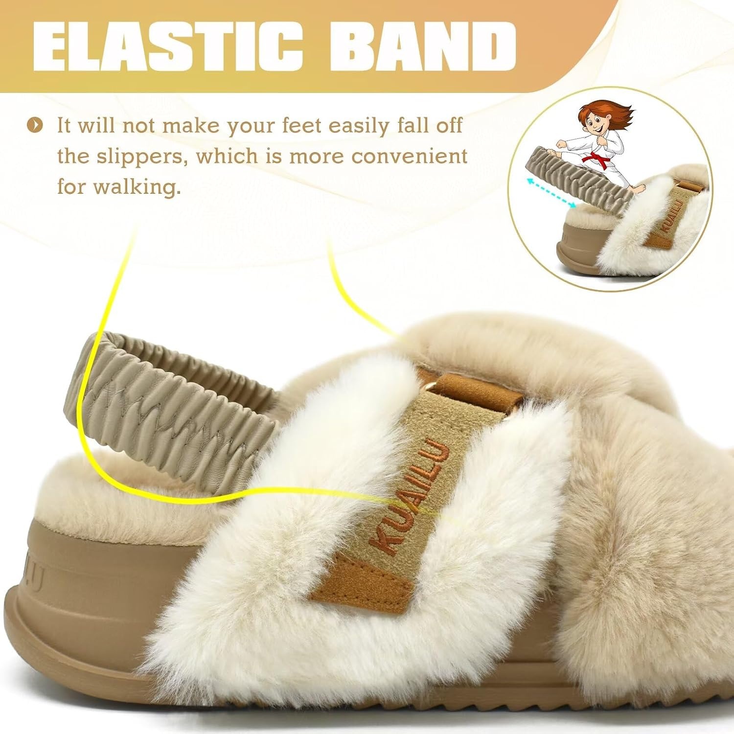 image:imageKuaiLu Womens Fuzzy Soft Platform Slippers with Arch Support Faux FurPlush Beige