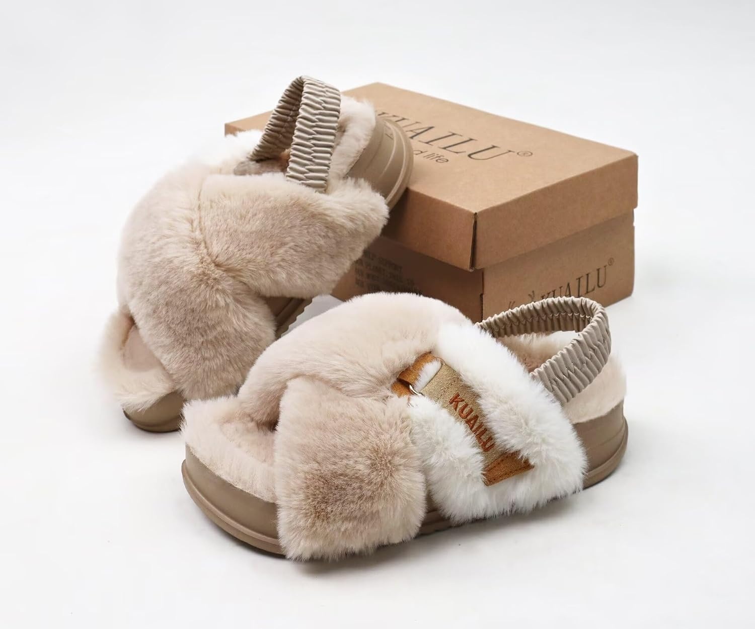 image:imageKuaiLu Womens Fuzzy Soft Platform Slippers with Arch Support Faux FurPlush Beige
