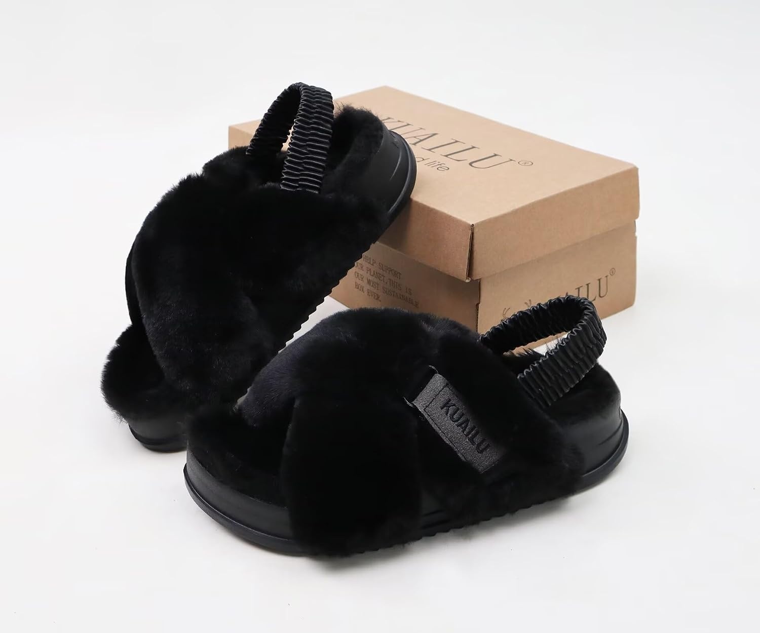 image:imageKuaiLu Womens Fuzzy Soft Platform Slippers with Arch Support Faux FurPlush Black