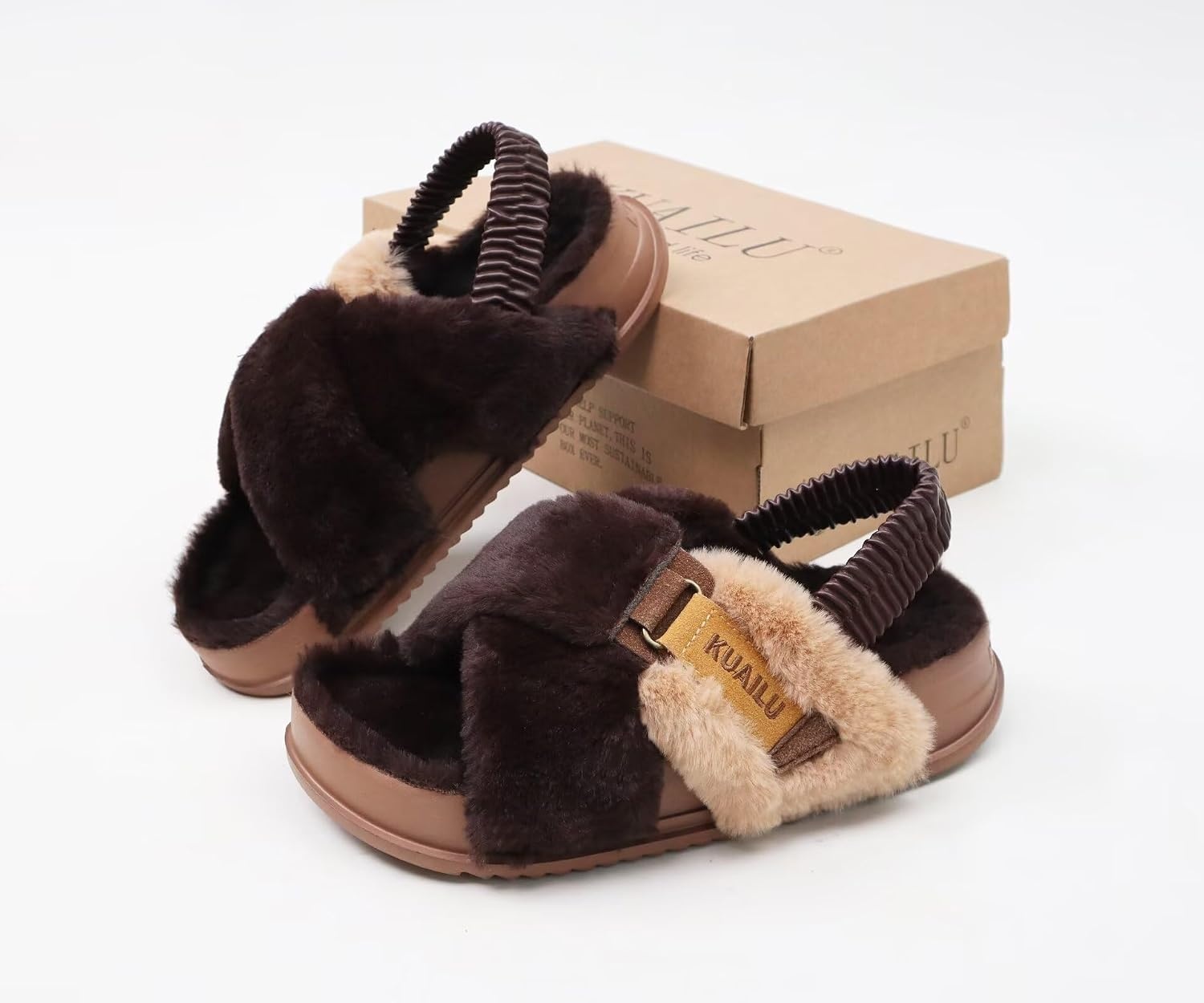 image:imageKuaiLu Womens Fuzzy Soft Platform Slippers with Arch Support Faux FurPlush Brown