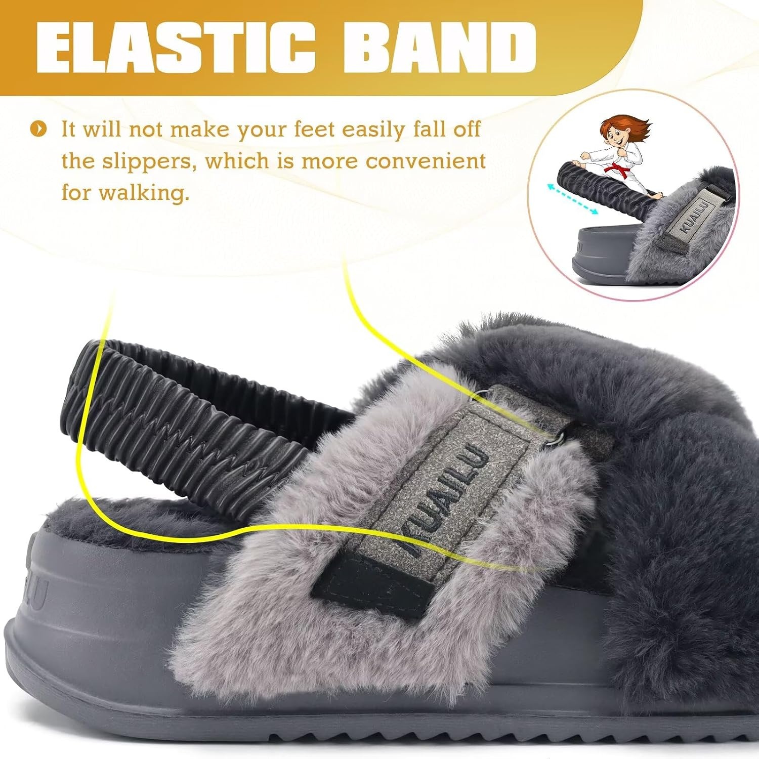 image:imageKuaiLu Womens Fuzzy Soft Platform Slippers with Arch Support Faux FurPlush Grey