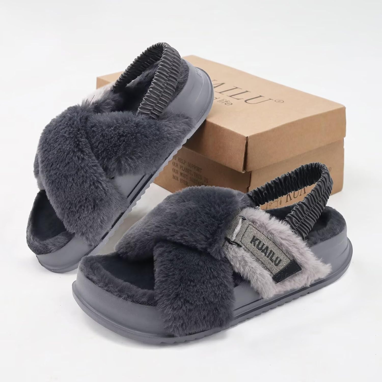 image:imageKuaiLu Womens Fuzzy Soft Platform Slippers with Arch Support Faux FurPlush Grey