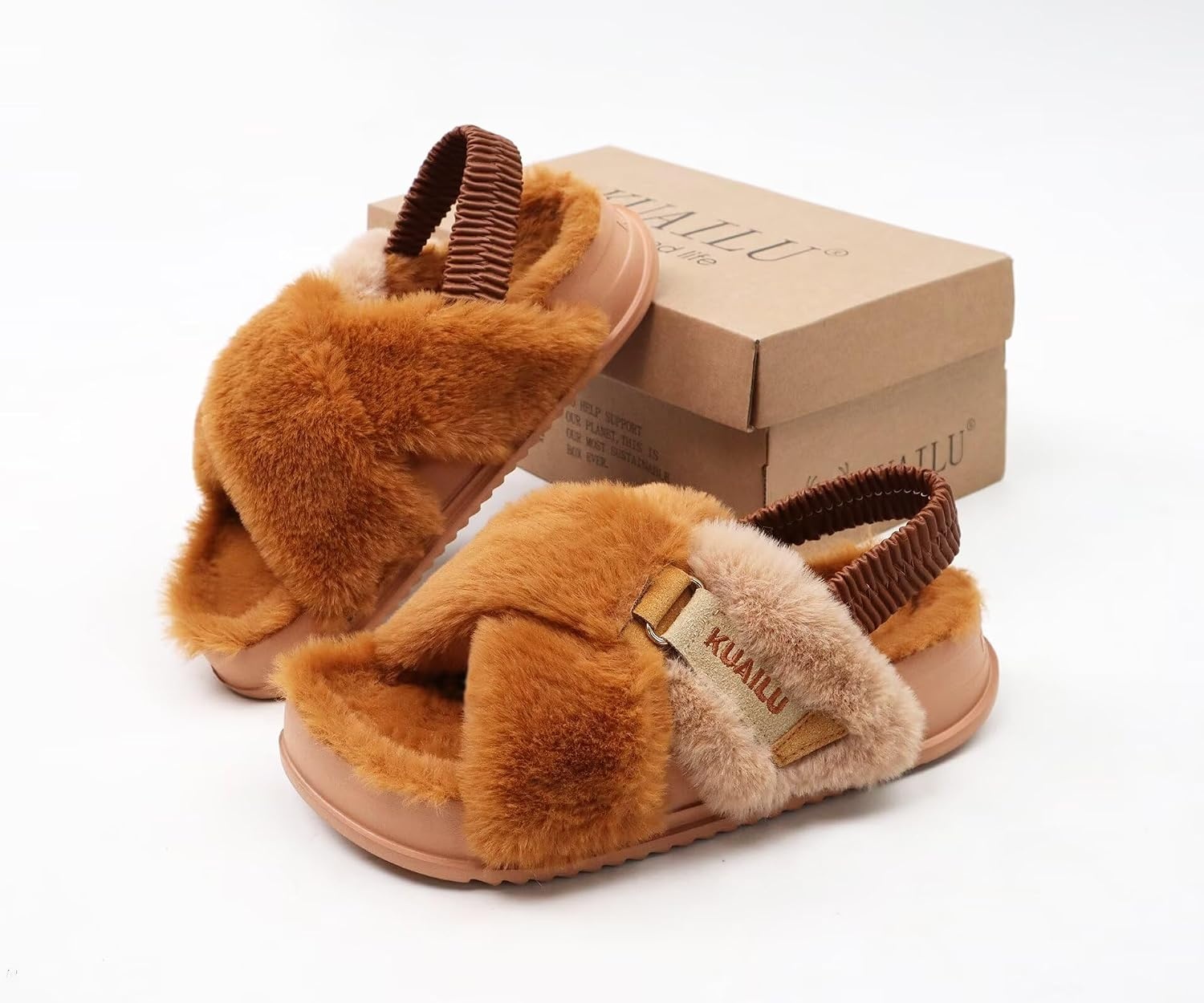 image:imageKuaiLu Womens Fuzzy Soft Platform Slippers with Arch Support Faux FurPlush Tan