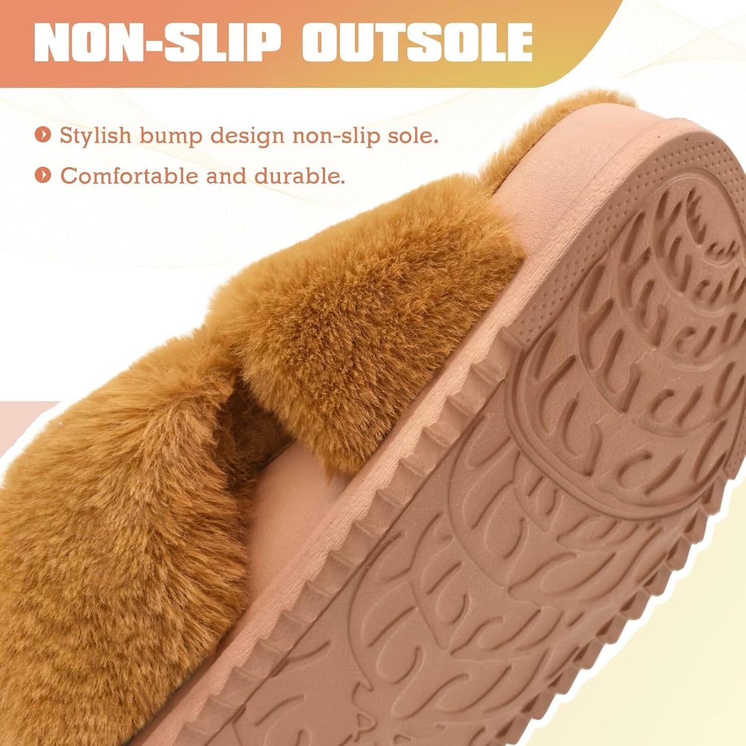 image:imageKuaiLu Womens Fuzzy Soft Platform Slippers with Arch Support Faux FurPlush Tan