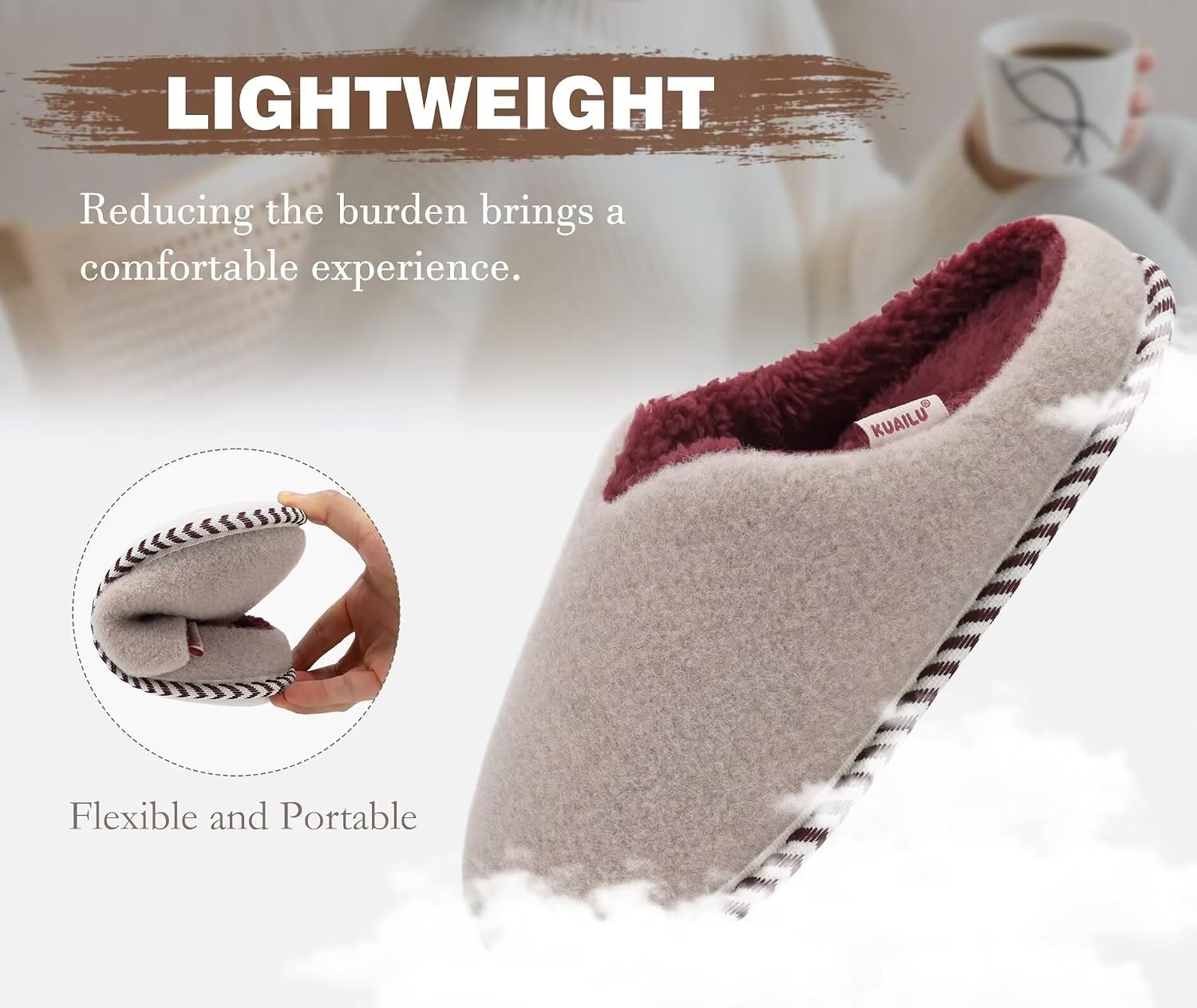 image:imageKuaiLu Womens Supportive Memory Foam Slippers Felt Fuzzy Lined Heel Cushion Lightweight House Shoes for Indoor OutdoorBeige