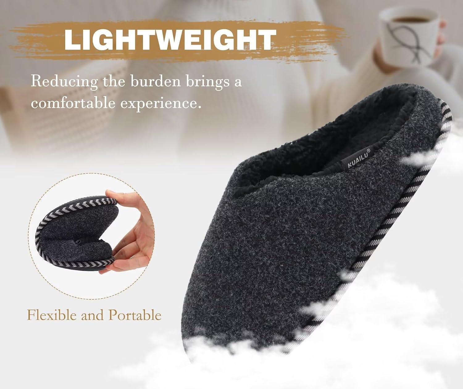 image:imageKuaiLu Womens Supportive Memory Foam Slippers Felt Fuzzy Lined Heel Cushion Lightweight House Shoes for Indoor OutdoorBlack