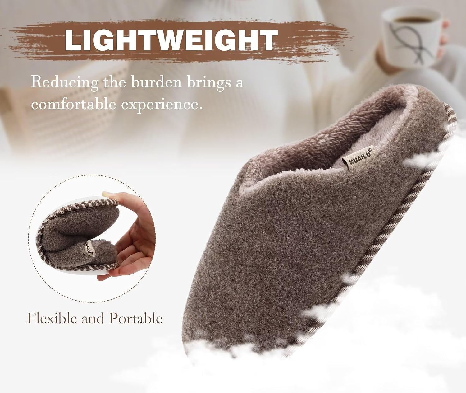 image:imageKuaiLu Womens Supportive Memory Foam Slippers Felt Fuzzy Lined Heel Cushion Lightweight House Shoes for Indoor OutdoorBrown