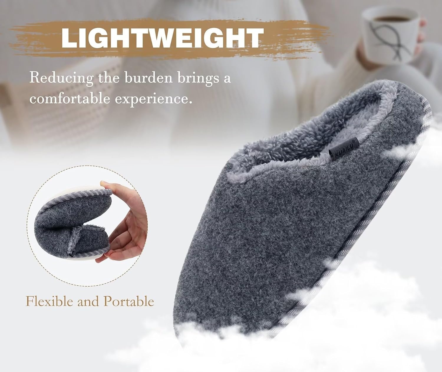 image:imageKuaiLu Womens Supportive Memory Foam Slippers Felt Fuzzy Lined Heel Cushion Lightweight House Shoes for Indoor OutdoorGrey