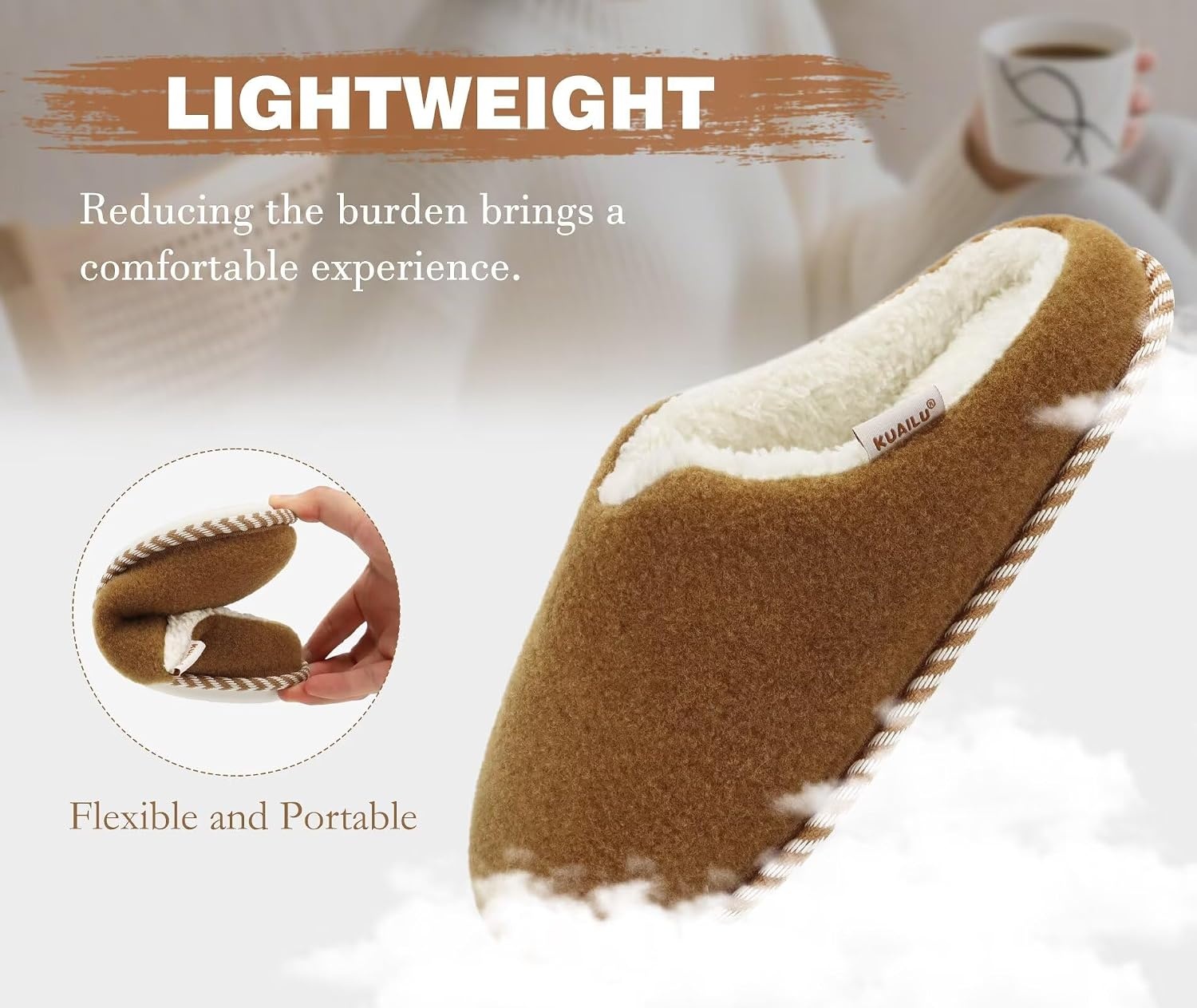 image:imageKuaiLu Womens Supportive Memory Foam Slippers Felt Fuzzy Lined Heel Cushion Lightweight House Shoes for Indoor OutdoorKhaki
