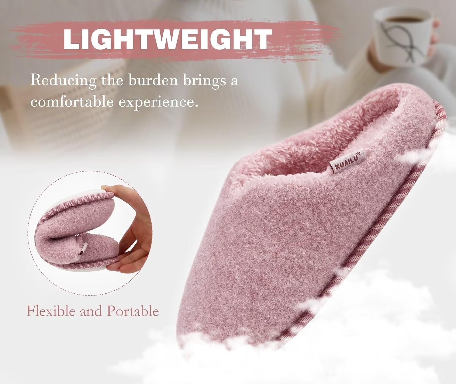 image:imageKuaiLu Womens Supportive Memory Foam Slippers Felt Fuzzy Lined Heel Cushion Lightweight House Shoes for Indoor OutdoorPink