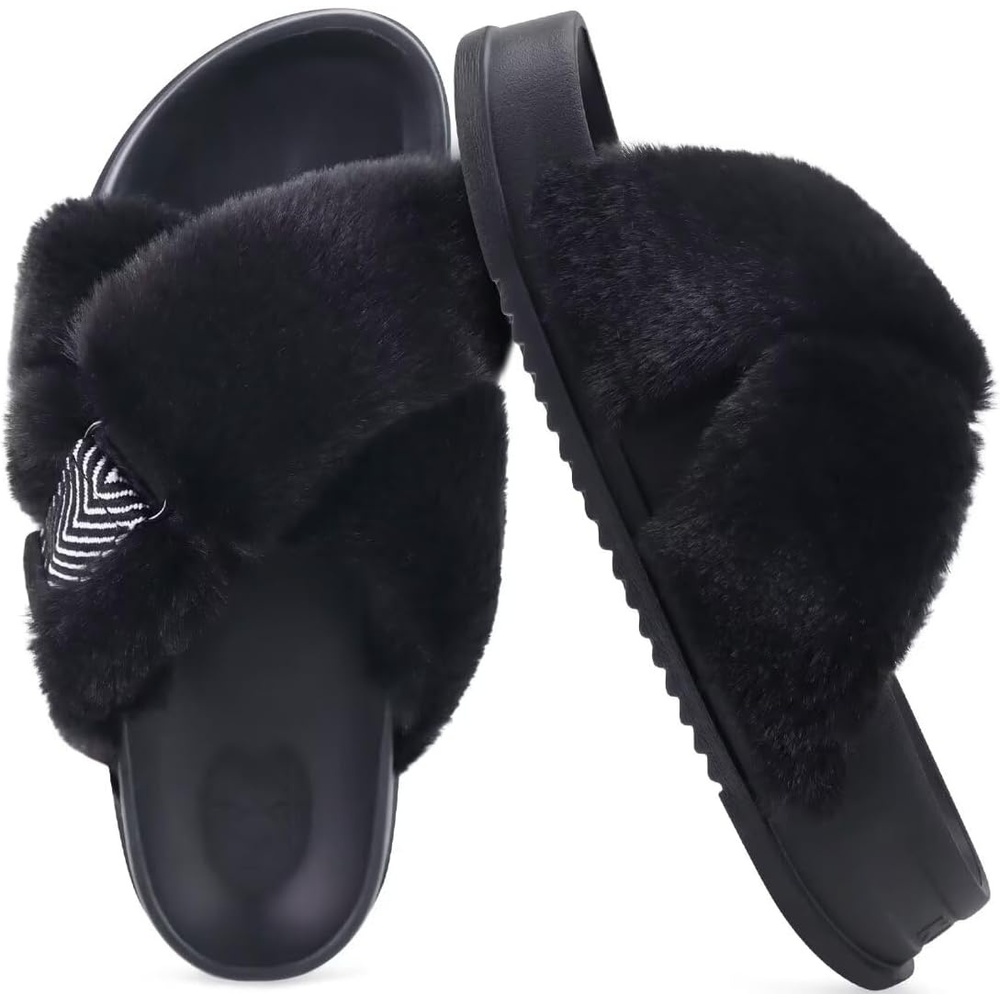 image:imageKuaiLu Womens Fuzzy Cross Band Arch Support Memory Foam Indoor SlippersBlack