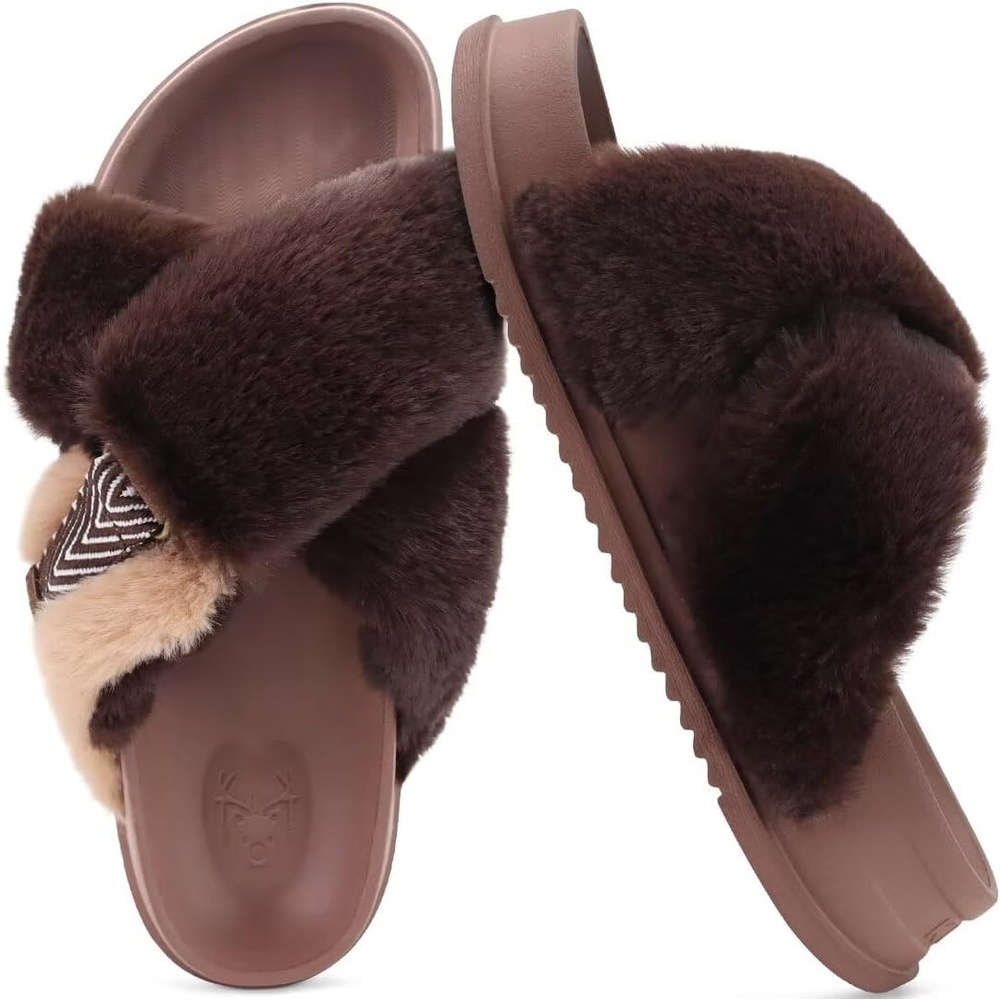 image:imageKuaiLu Womens Fuzzy Cross Band Arch Support Memory Foam Indoor SlippersBrown