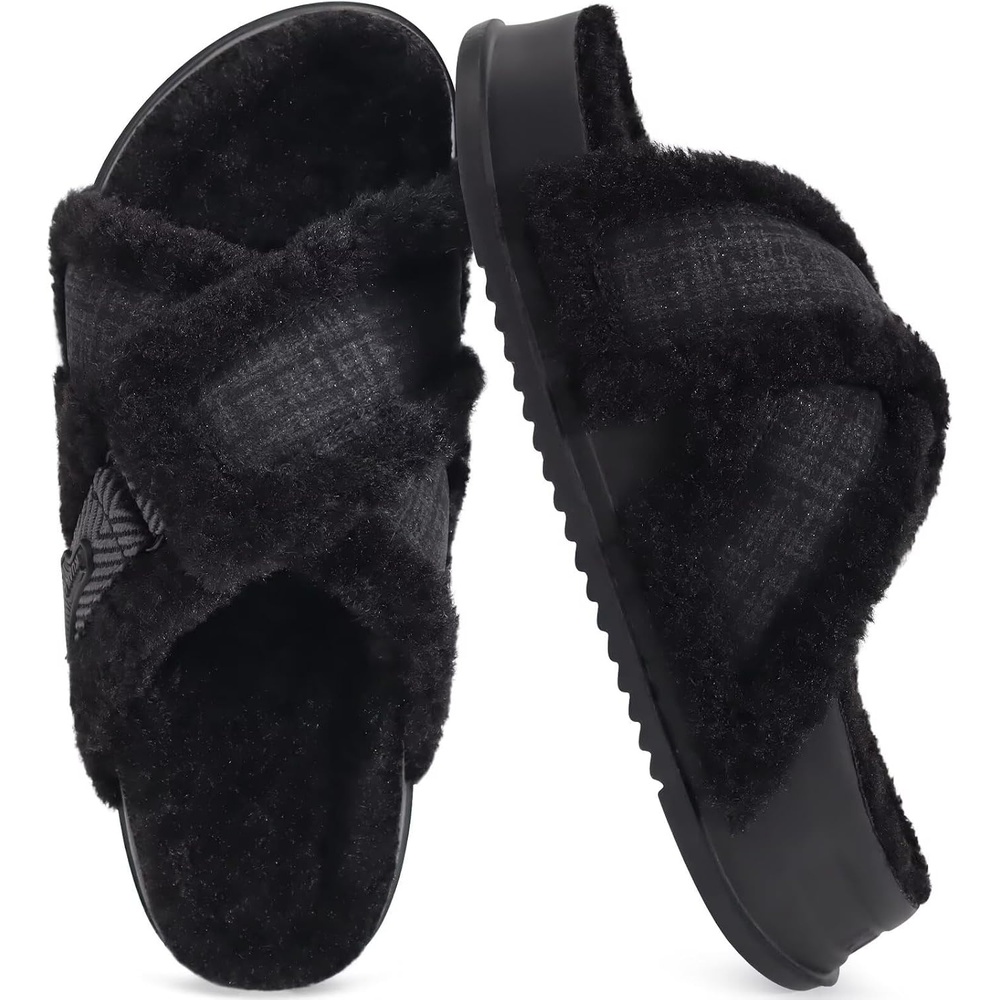 image:imageKuaiLu Womens Fuzzy Cross Band Arch Support Memory Foam Indoor SlippersElegant Black